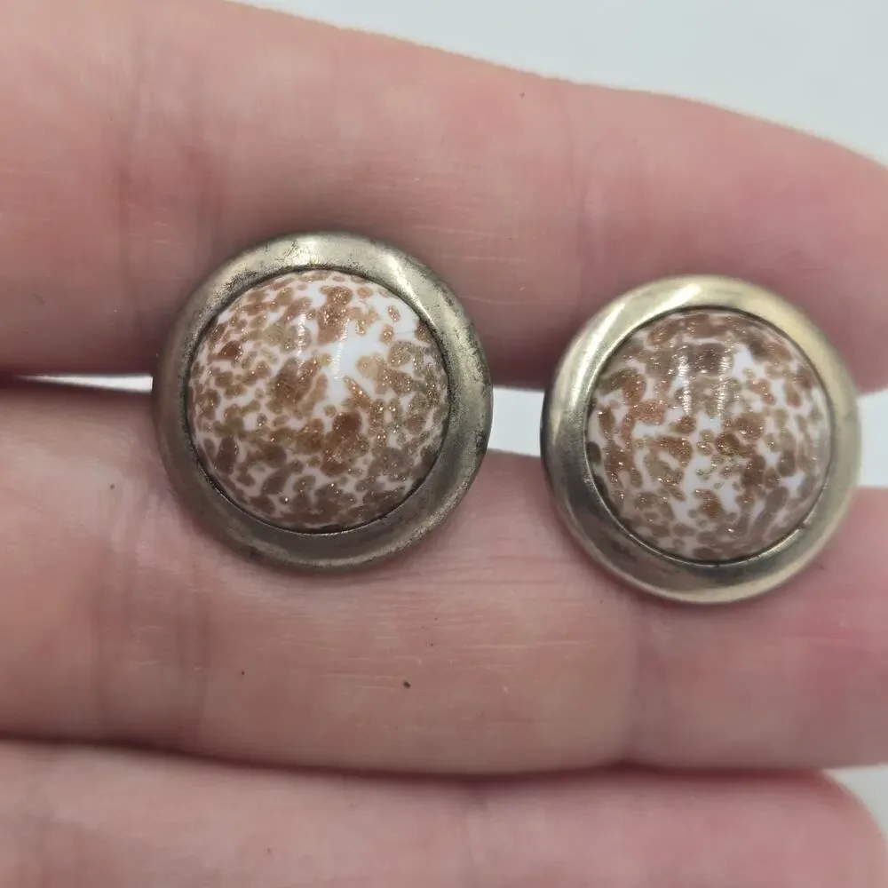 Vintage Murano Aventurine Copper White Speckle Glass Cufflinks Gold Tone 1950s